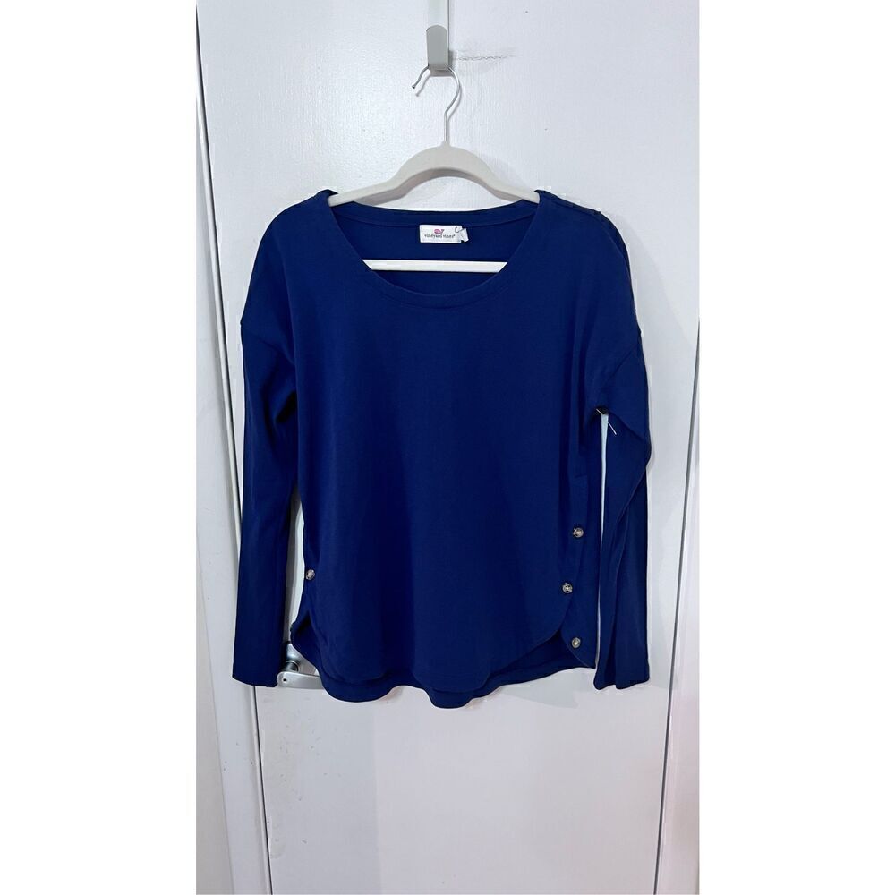 Vineyard Vines Navy Blue Long Sleeve cotton top Button Sides Womens SZ S